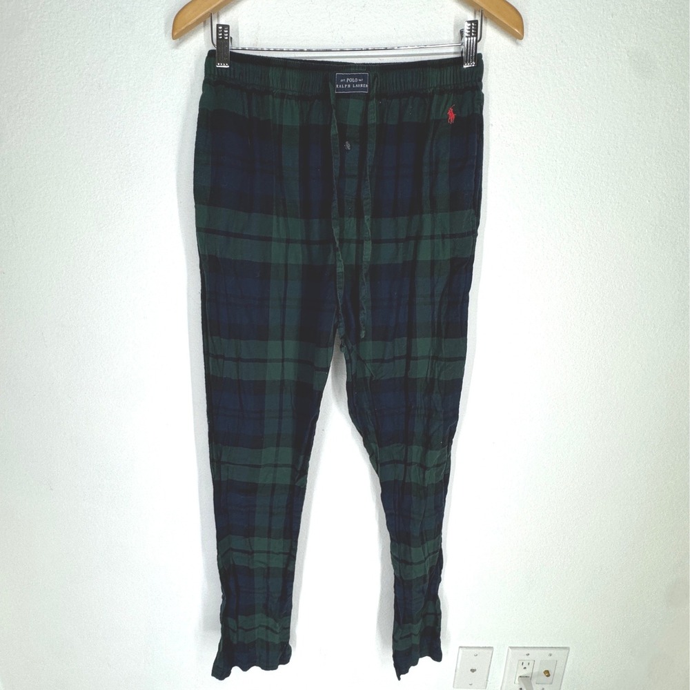 Polo Ralph Lauren Men Black Watch Plaid Pajama Pants Green Blue Medium Pony Logo